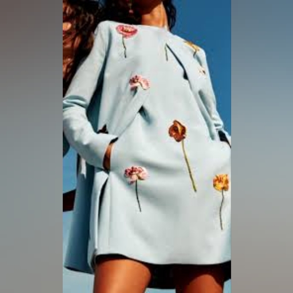 ◇$2790 NEW OSCAR DE LA RENTA FLOWER EMBROID LIGHT BLUE WOOL DRESS US XL 16